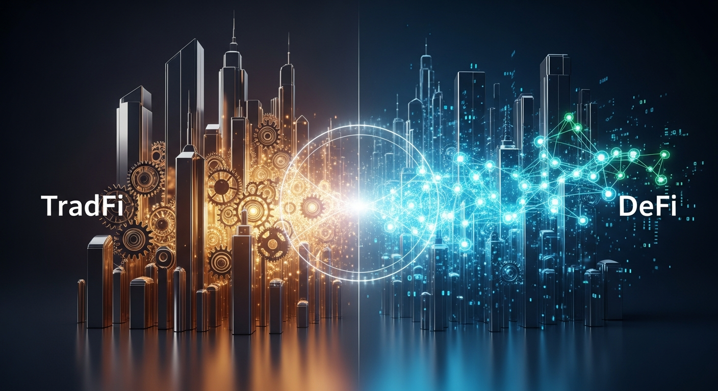 Metáfora visual abstrata: integração perfeita de TradFi e DeFi, com TradFi como metal polido.