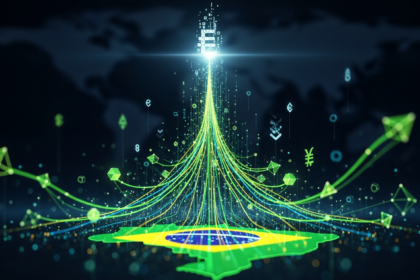 Abstract visual da economia cripto brasileira com fluxos de dados luminosos e formas geométricas ascendentes.