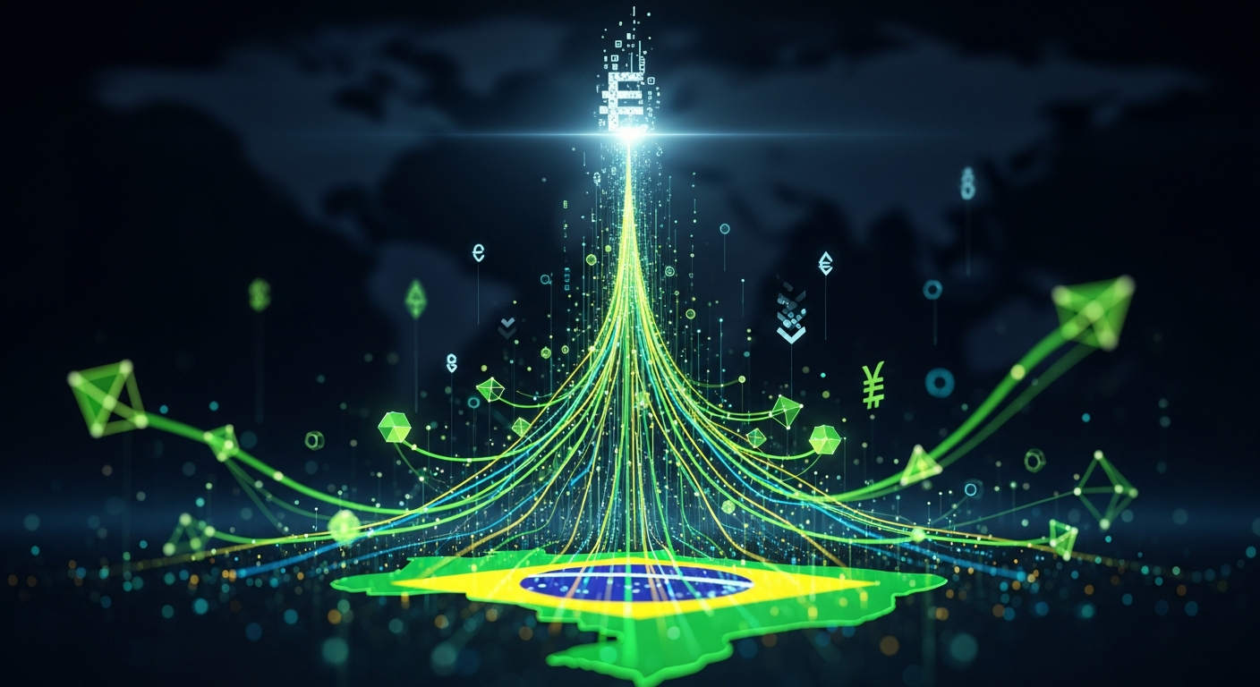 Abstract visual da economia cripto brasileira com fluxos de dados luminosos e formas geométricas ascendentes.