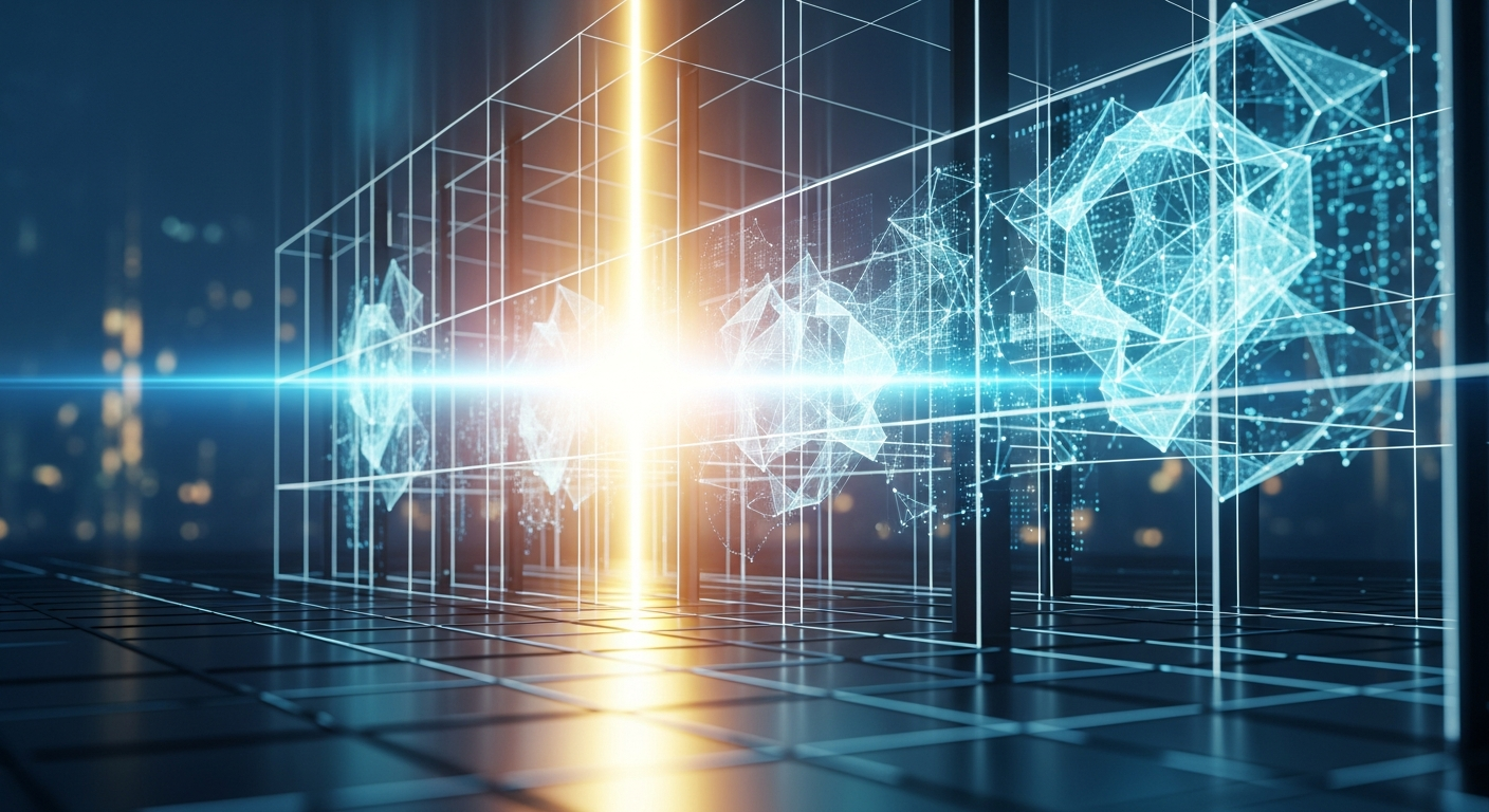 Arte conceitual: regulação de ativos digitais, padrões geométricos brilhantes em estrutura futurista iluminada.