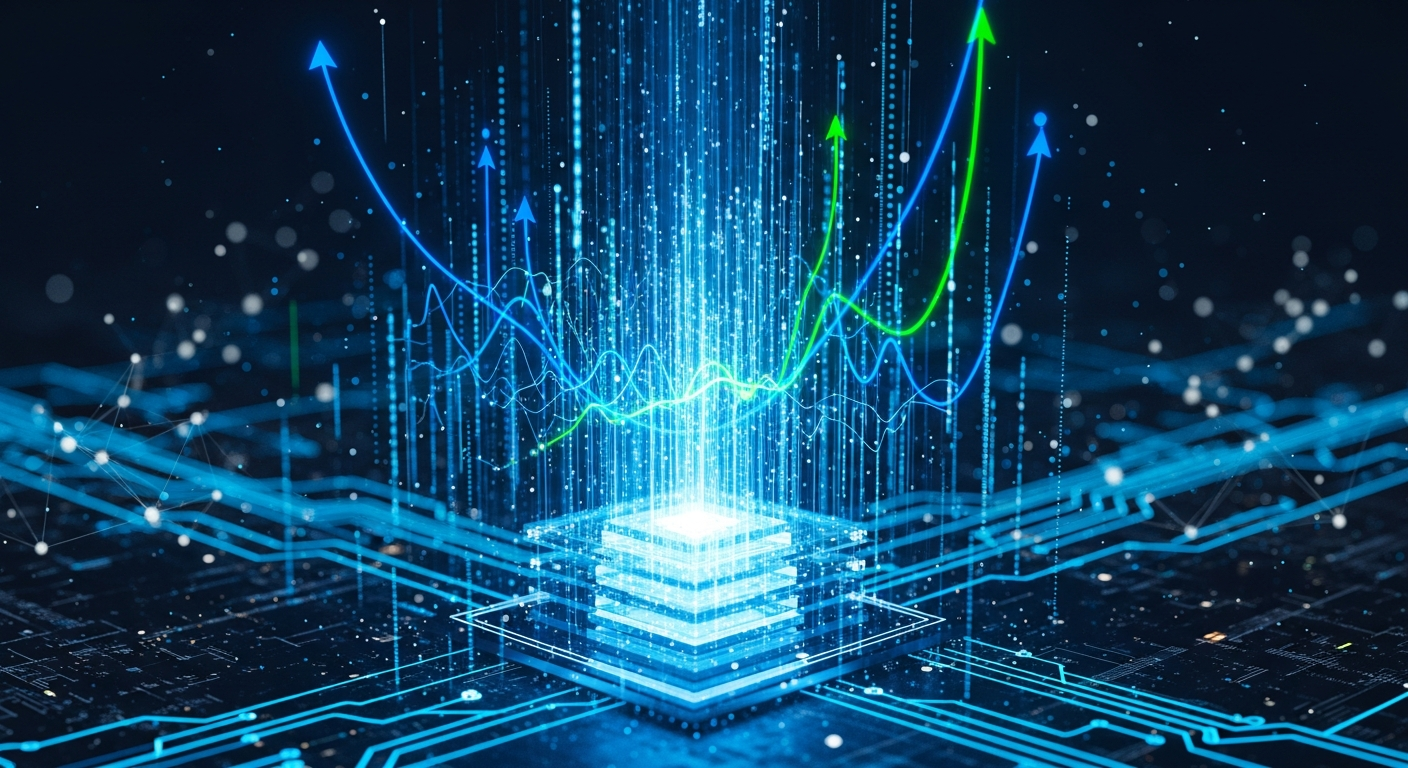 Central blockchain infrastructure com fluxos de dados brilhantes, projeções holográficas, formando gráficos ascendentes.