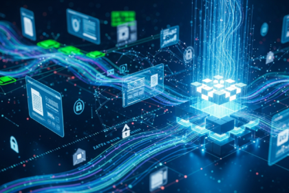 Imagem abstrata de blockchain com blocos de dados brilhantes e interligados em uma estrutura central.