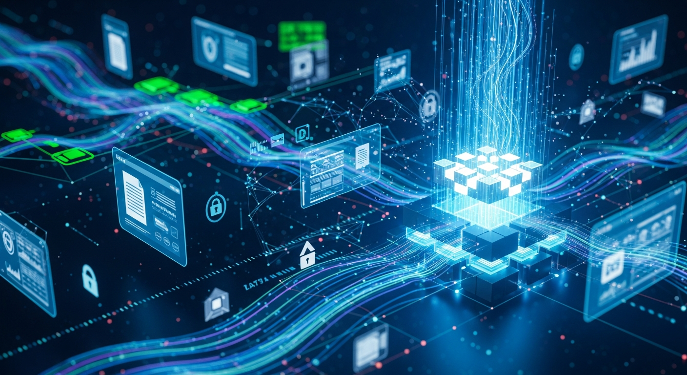 Imagem abstrata de blockchain com blocos de dados brilhantes e interligados em uma estrutura central.