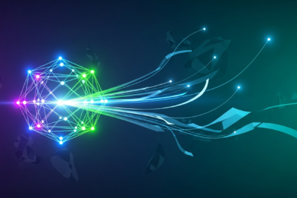 Imagem abstrata e moderna de estrutura geométrica luminosa, intricada, irradiando luz vibrante.