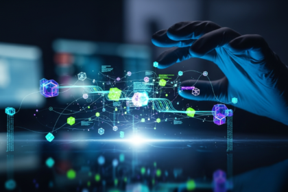 Mão enluvada alcança display holográfico luminoso exibindo rede complexa de dados e nós.