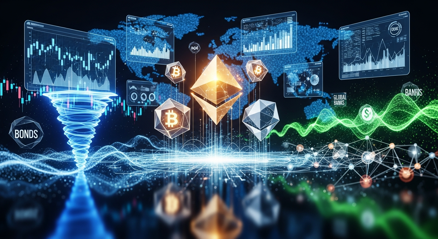 Ativos digitais abstratos no centro de um dinâmico ecossistema financeiro.