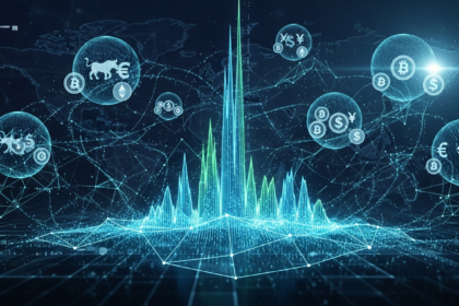 Imagem abstrata de mercados financeiros globais interconectados, com foco na volatilidade de ativos digitais.