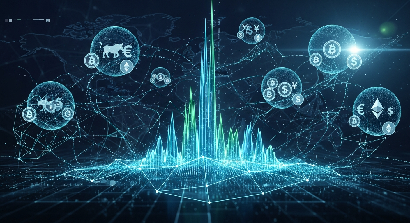 Imagem abstrata de mercados financeiros globais interconectados, com foco na volatilidade de ativos digitais.