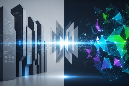 Arte abstrata conceitual mostra a interseção dinâmica de políticas tradicionais e inovação em criptomoedas.