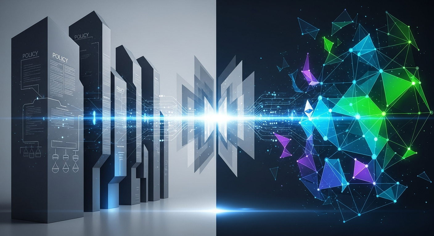 Arte abstrata conceitual mostra a interseção dinâmica de políticas tradicionais e inovação em criptomoedas.