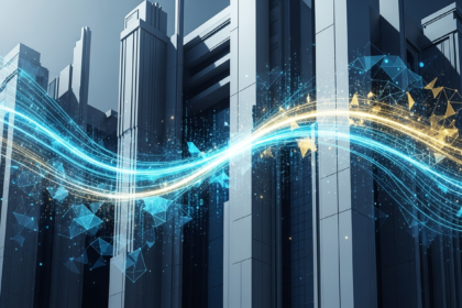 Arte abstrata moderna: arquitetura financeira elegante fundindo-se com elementos de ativos digitais.