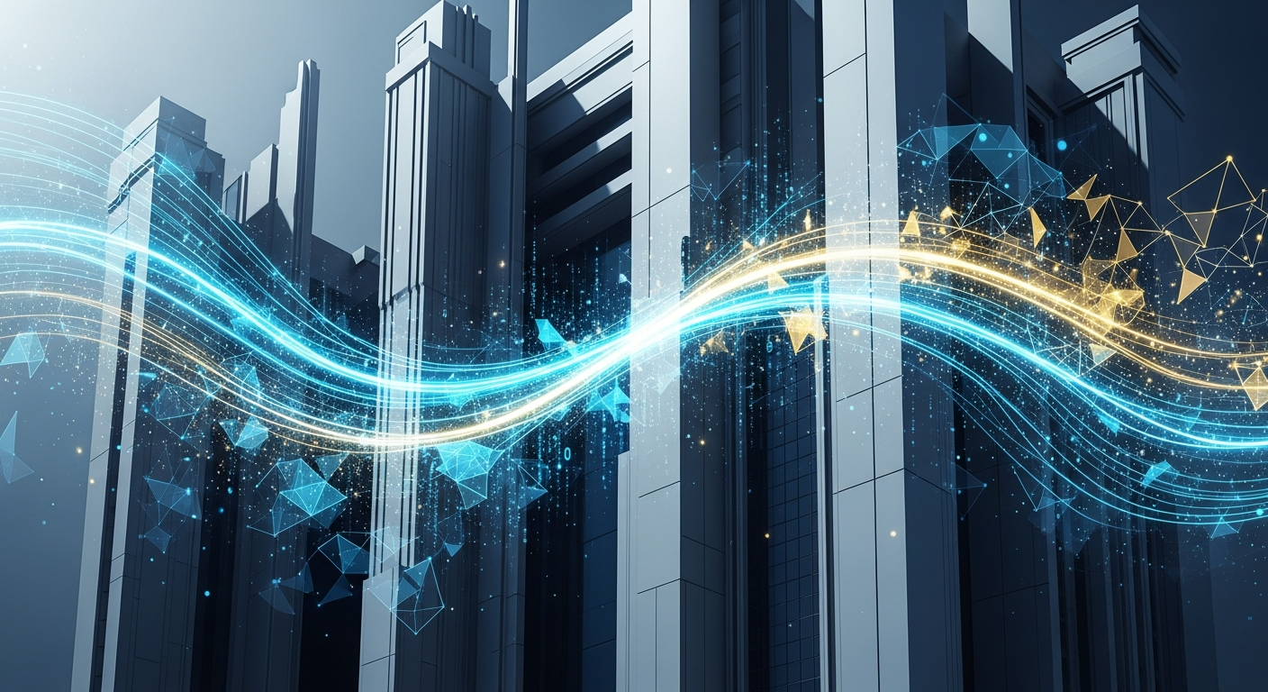 Arte abstrata moderna: arquitetura financeira elegante fundindo-se com elementos de ativos digitais.