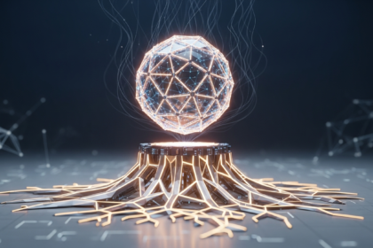 Esfera digital brilhante equilibrada por fios escuros puxando e estruturas luminosas apoiando.