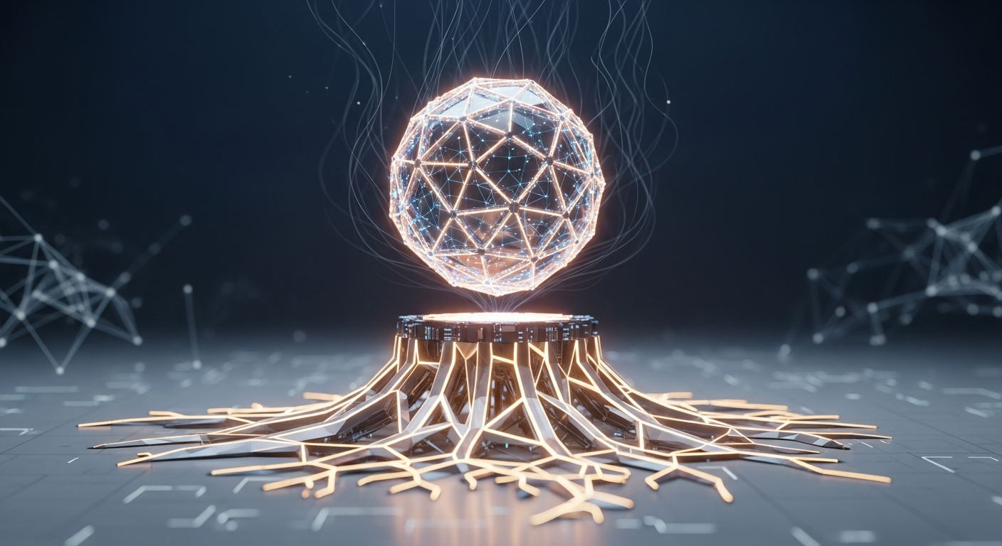 Esfera digital brilhante equilibrada por fios escuros puxando e estruturas luminosas apoiando.