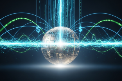 Núcleo abstrato e moderno, um epicentro emitindo energia digital vibrante, sugerindo finanças e estabilidade.