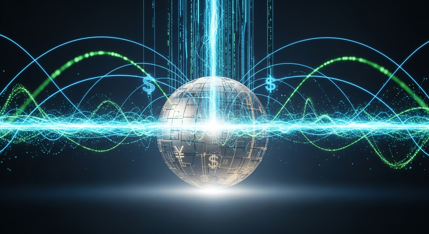 Núcleo abstrato e moderno, um epicentro emitindo energia digital vibrante, sugerindo finanças e estabilidade.