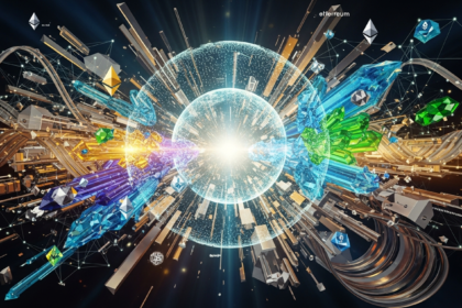 Striking abstrato do cenário financeiro global com integração de criptomoedas e esfera digital brilhante.