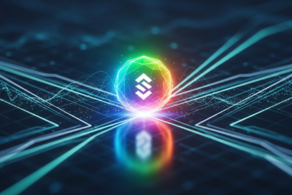 Ícone abstrato e brilhante de ativo digital multifacetado, evocando uma moeda, em fundo digital.