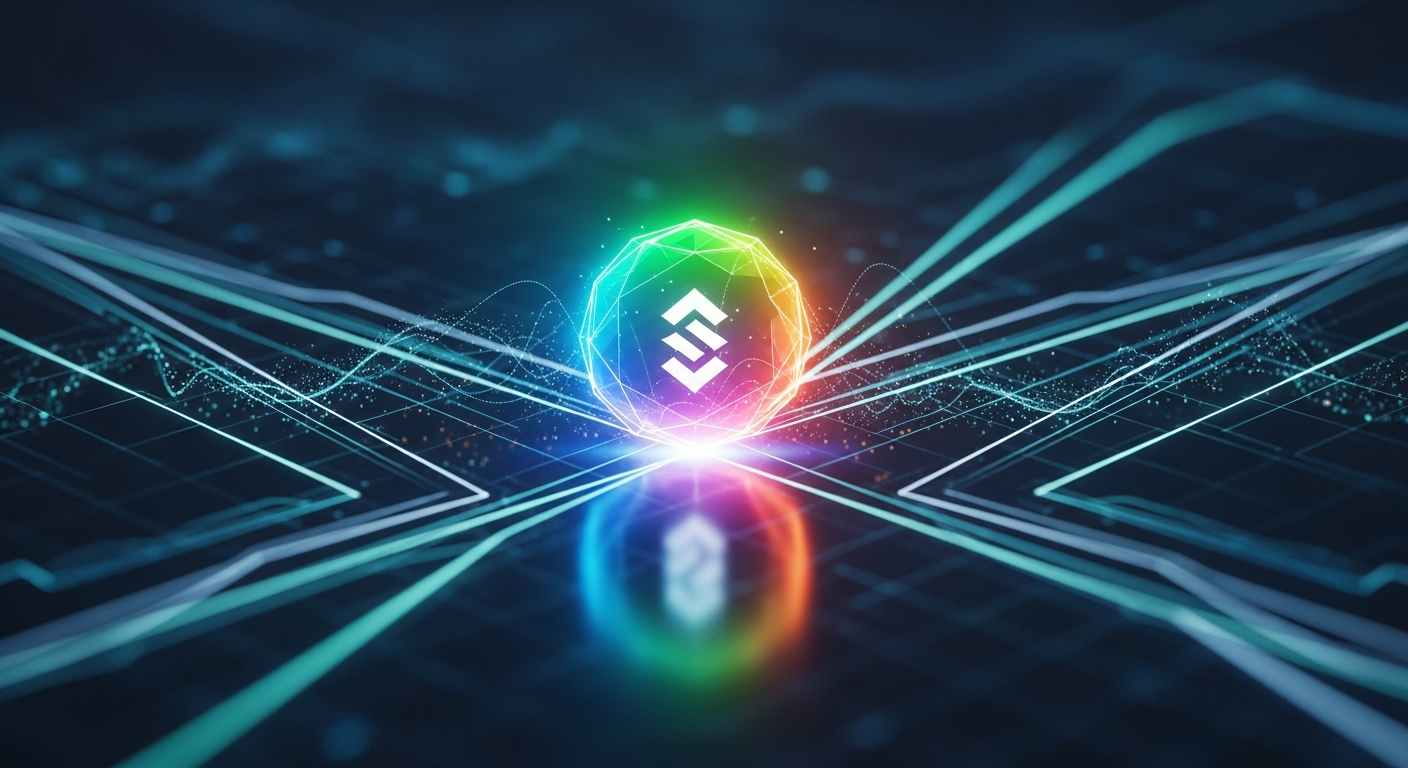 Ícone abstrato e brilhante de ativo digital multifacetado, evocando uma moeda, em fundo digital.
