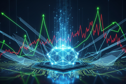 Arte digital abstrata do mercado de criptomoedas, representando estabilidade, volatilidade, crescimento e evolução dinâmica.