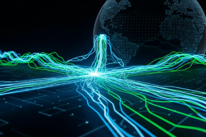 Representação abstrata de inovação financeira global com fluxos de dados luminosos em azul e verde.