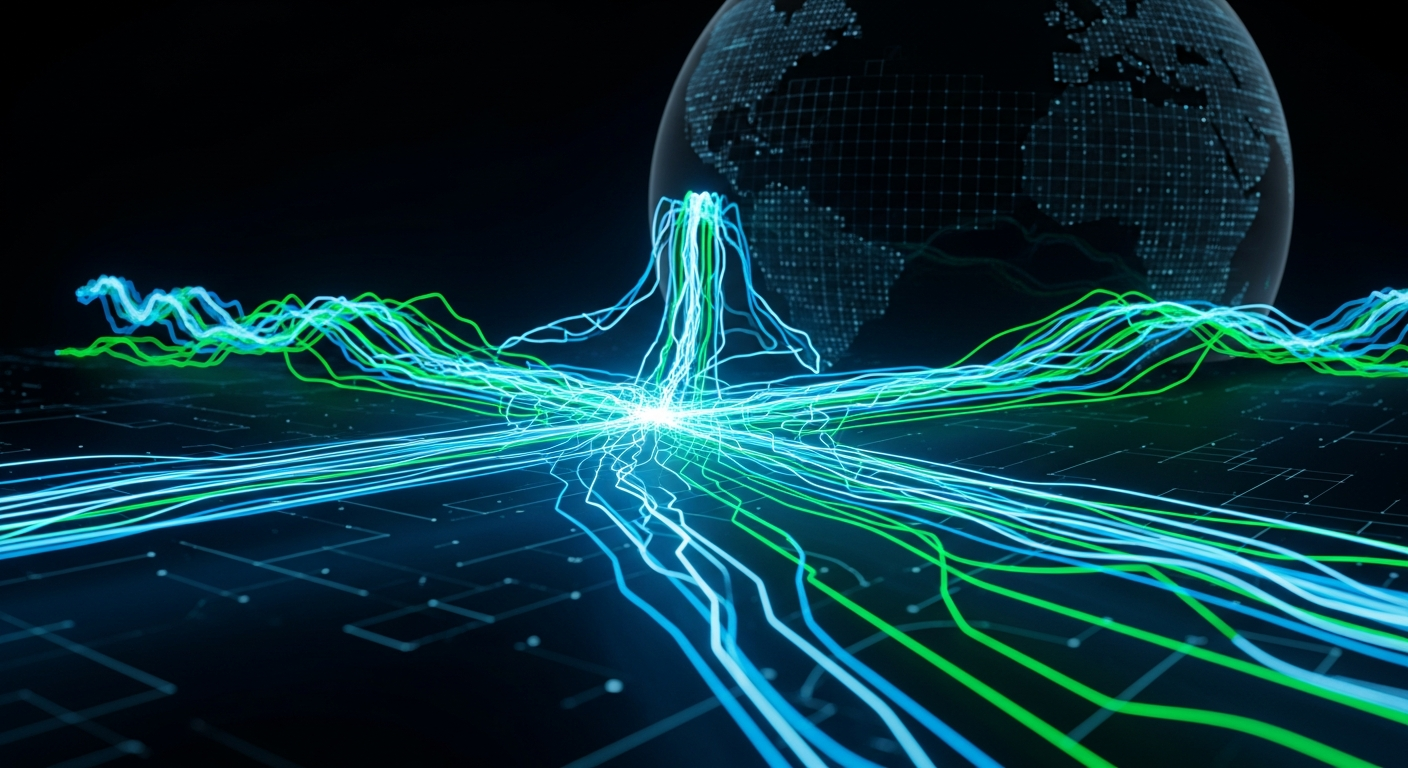 Representação abstrata de inovação financeira global com fluxos de dados luminosos em azul e verde.