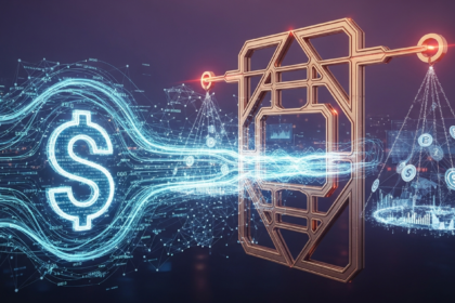 Arte abstrata: equilíbrio entre inovação financeira, economia digital e controle regulatório com fluxos de dados.