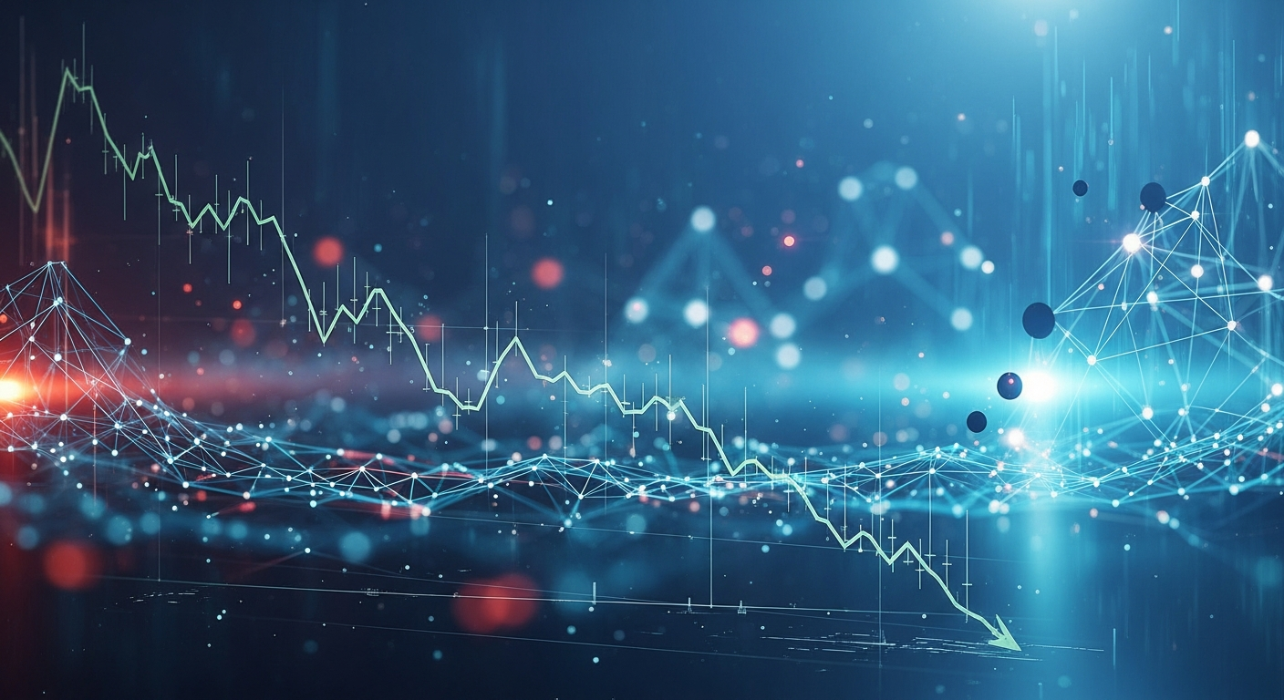 Paisagem digital moderna e elegante com formas geométricas abstratas interconectadas e fluxos de dados.