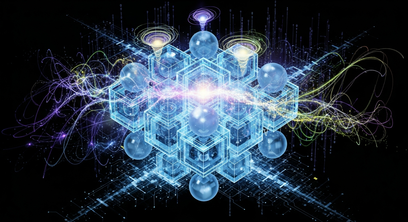 Arte digital moderna: computação quântica, resiliência de ativos digitais e estrutura geométrica abstrata.