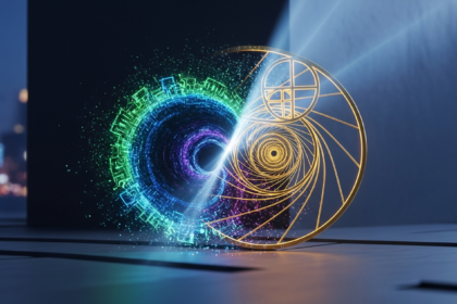 Imagem abstrata moderna com luz e sombra dinâmicas sobre arquitetura minimalista financeira.