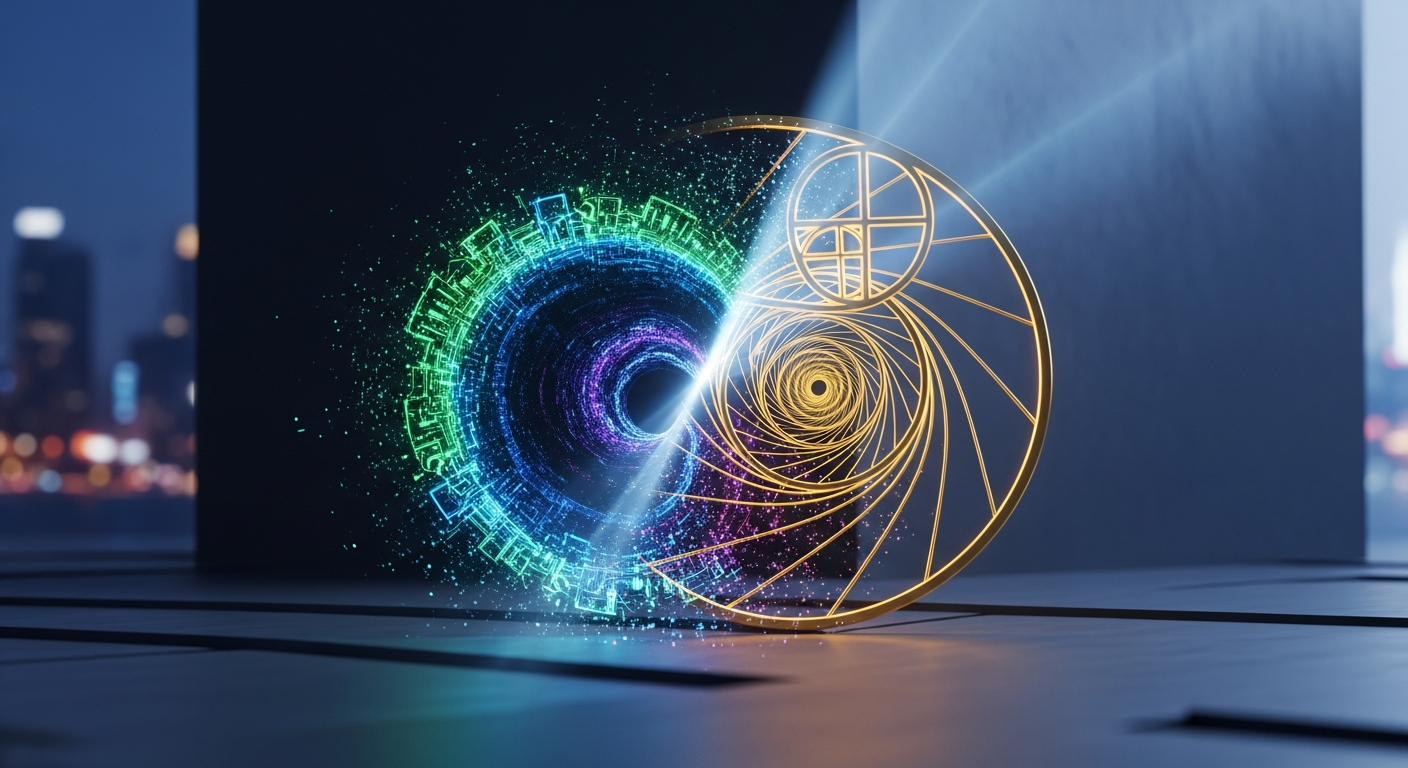 Imagem abstrata moderna com luz e sombra dinâmicas sobre arquitetura minimalista financeira.