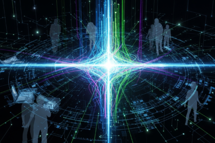 Arte digital profissional: núcleo abstrato e brilhante, um nexo central de luz intensa.