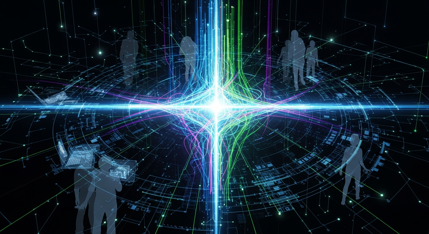 Arte digital profissional: núcleo abstrato e brilhante, um nexo central de luz intensa.