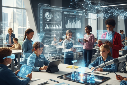 Brilhante e moderno ambiente educacional integrando perfeitamente inteligência artificial avançada.