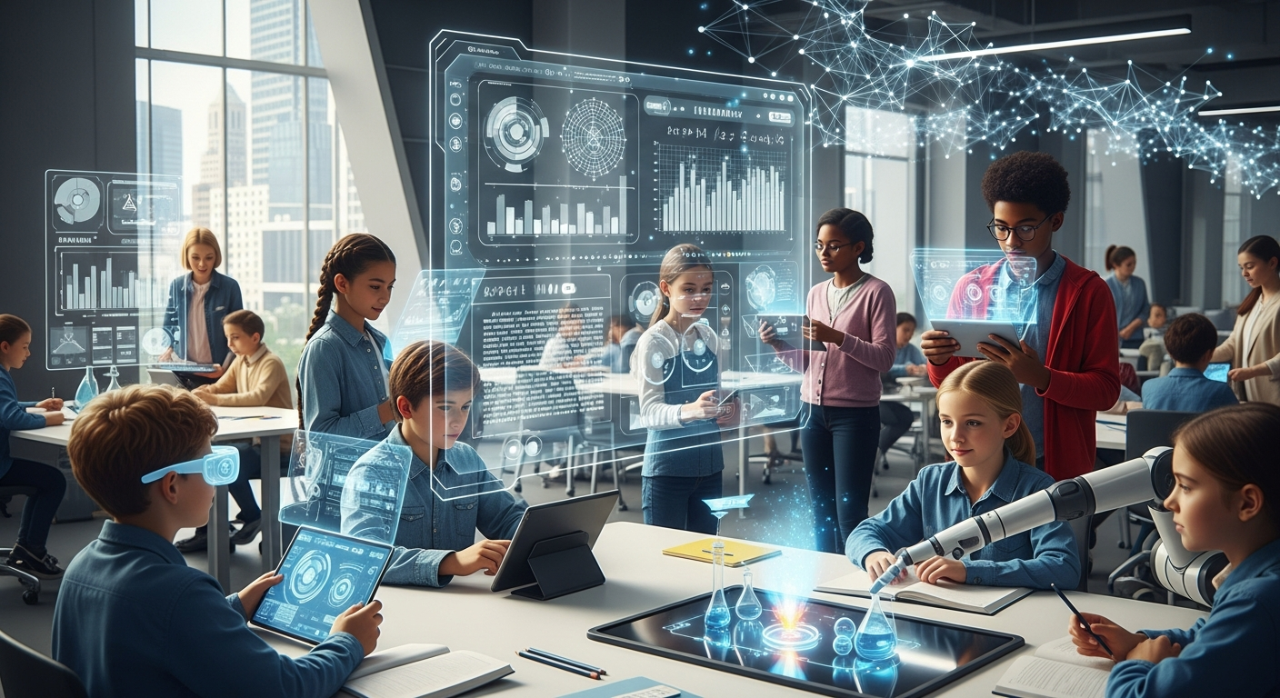 Brilhante e moderno ambiente educacional integrando perfeitamente inteligência artificial avançada.