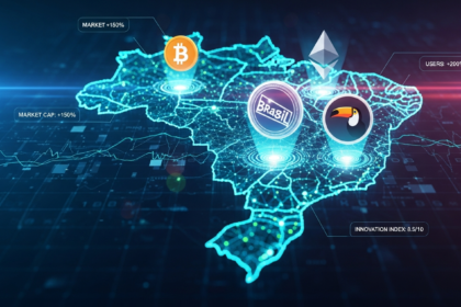 Abstract, high-tech visual do mercado de criptomoedas brasileiro em 2025: rede digital brilhante.