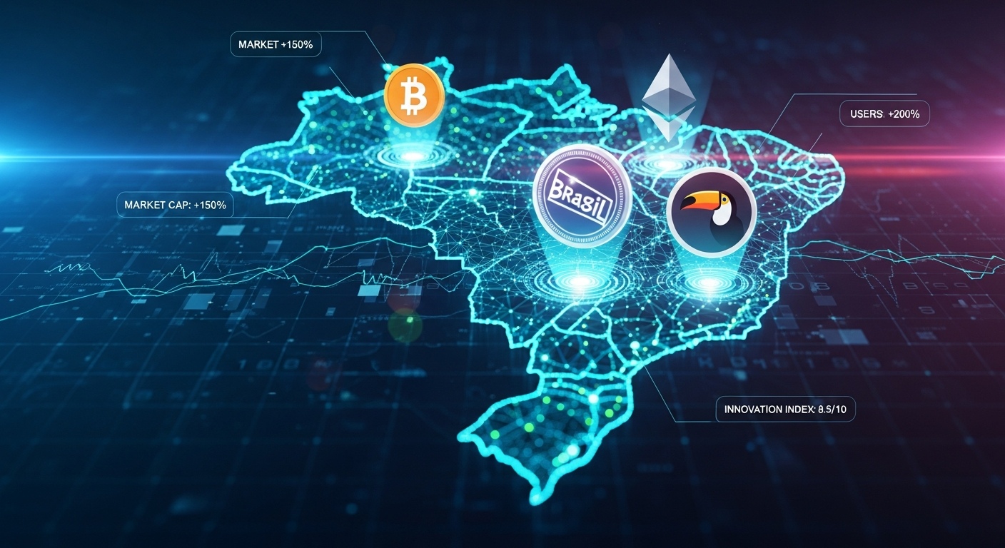 Abstract, high-tech visual do mercado de criptomoedas brasileiro em 2025: rede digital brilhante.