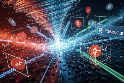 Representação abstrata e dinâmica de um cenário financeiro digital complexo e interconectado.