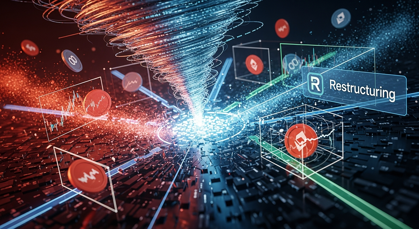 Representação abstrata e dinâmica de um cenário financeiro digital complexo e interconectado.