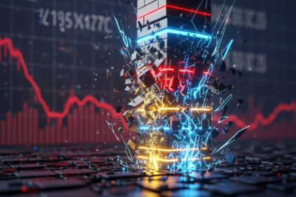 Arte digital de blocos de blockchain brilhantes se estilhaçando, representando colapso do mercado cripto.