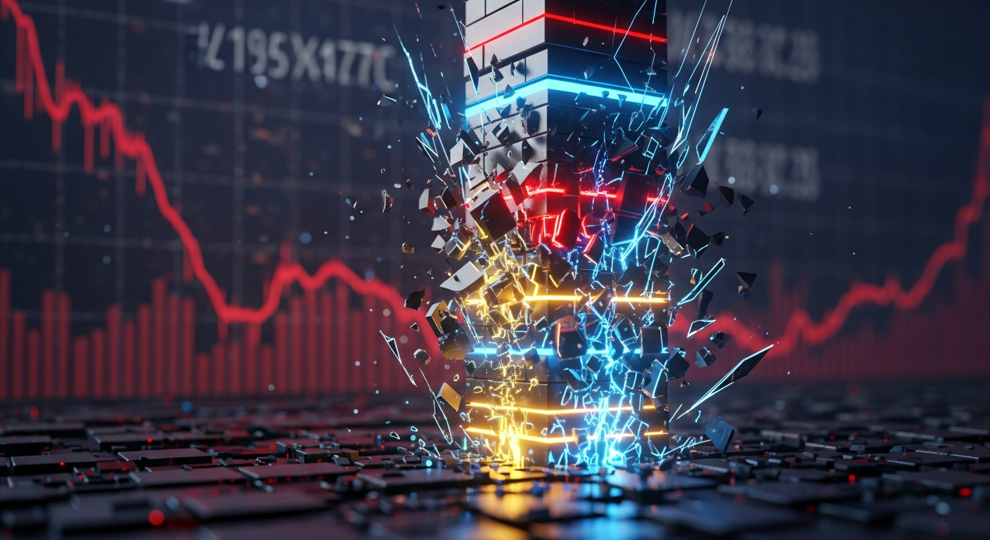 Arte digital de blocos de blockchain brilhantes se estilhaçando, representando colapso do mercado cripto.
