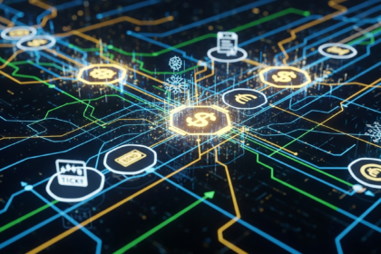 Arte digital abstrata: rede vibrante de linhas brilhantes e nós geométricos, simbolizando mercados de capitais.