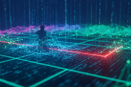 Paisagem digital futurista de alta tecnologia com linhas de blockchain brilhantes e fluxos de dados.