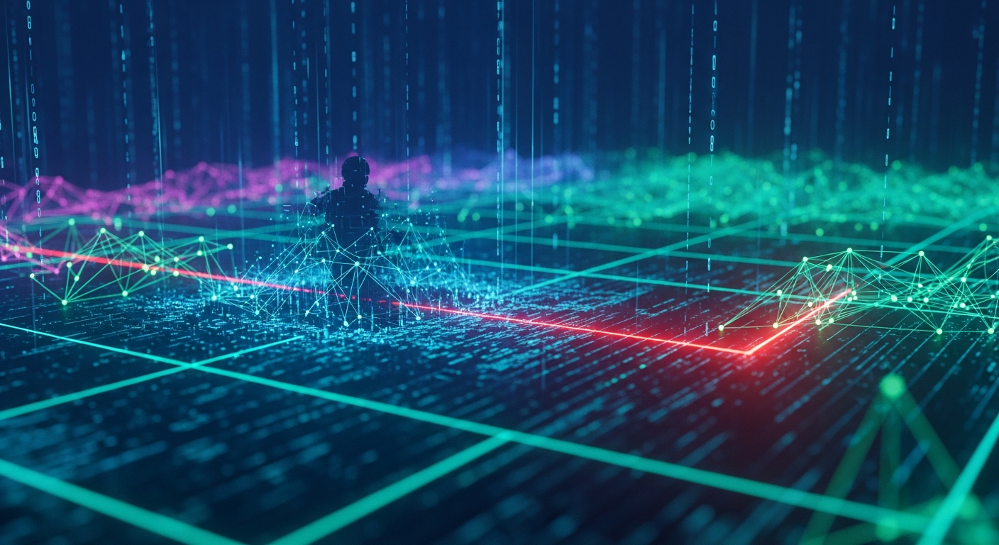 Paisagem digital futurista de alta tecnologia com linhas de blockchain brilhantes e fluxos de dados.