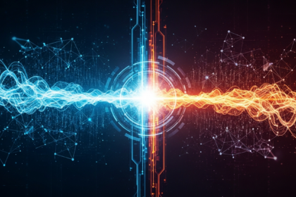 Arte digital moderna: nexo abstrato luminoso central, com dois fluxos de energia convergindo.