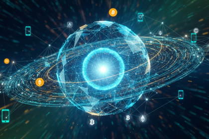 Arte digital abstrata moderna: esfera holográfica brilhante simboliza rede global e criptomoeda.