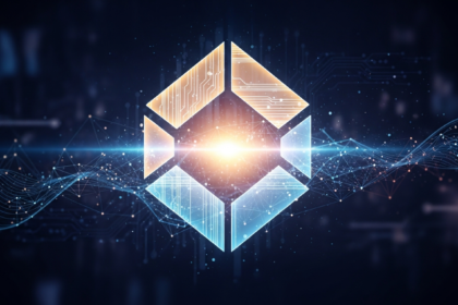 Imagem abstrata moderna: representação digital brilhante de um ativo descentralizado, sutilmente angular.