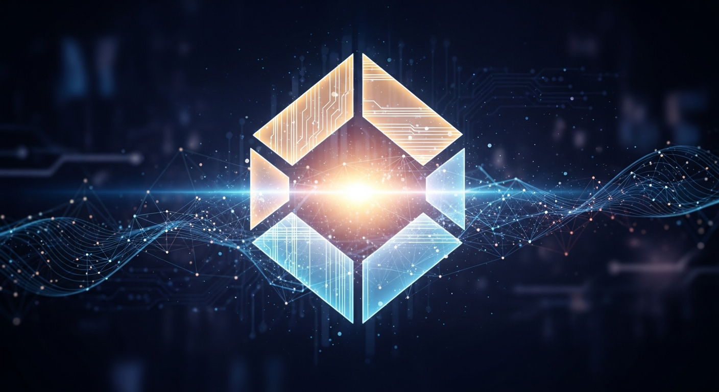 Imagem abstrata moderna: representação digital brilhante de um ativo descentralizado, sutilmente angular.