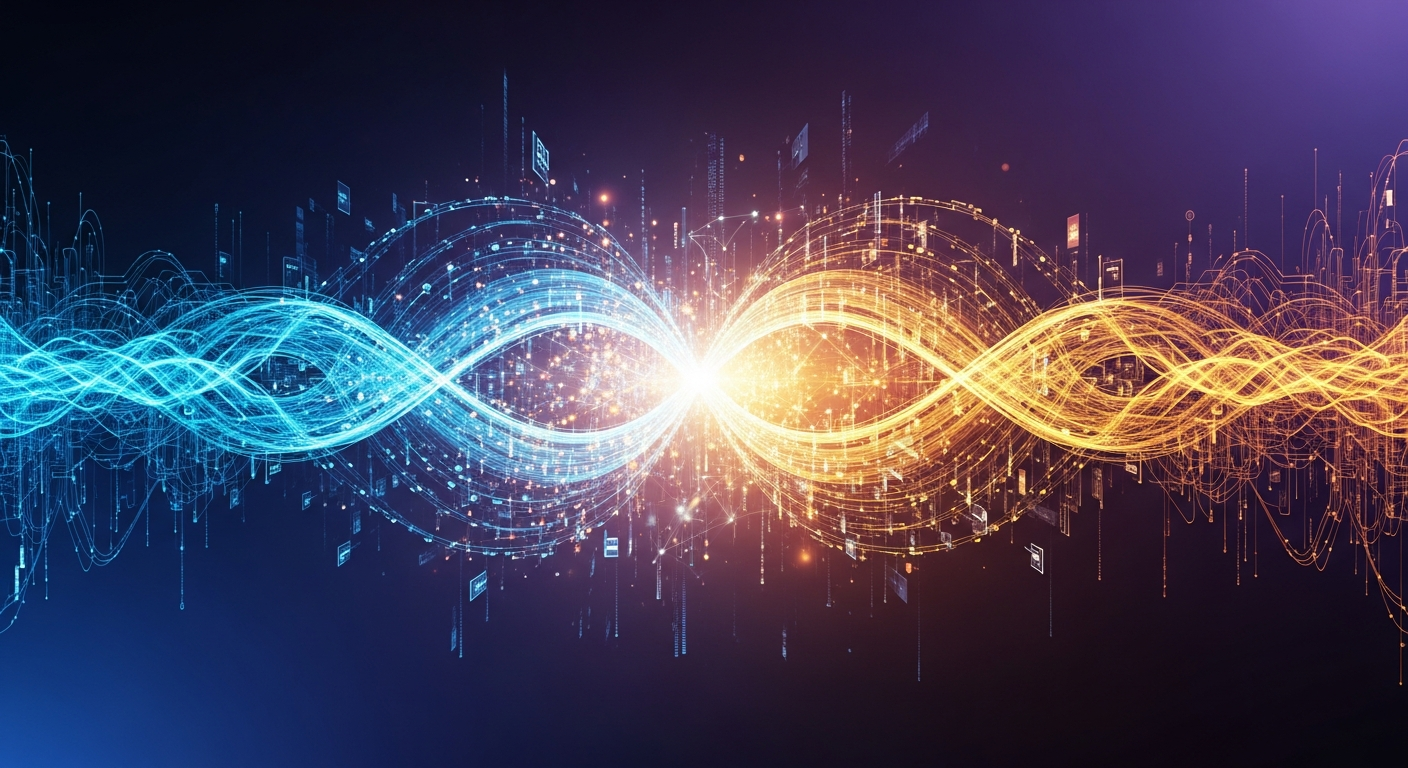 Representação abstrata de duas redes digitais fluidas se entrelaçando, simbolizando convergência e interoperabilidade.
