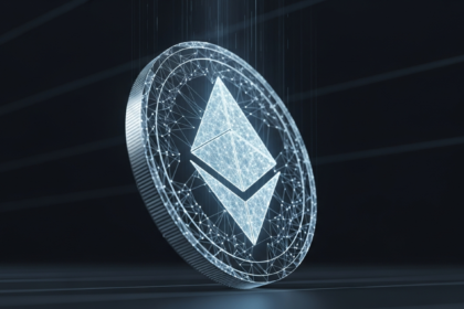 Moeda digital abstrata e estilizada, brilhando com padrão geométrico, em queda dinâmica.